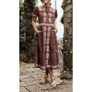 Bohme Siya Midi Dress in earthy lavender with floral Embroidery Small A004986